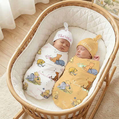 Personalized Classic Winnie the Pooh 100% Cotton Soft Swaddle Hat Set with Name Birthday Baby Shower Gift for Baby Newborn