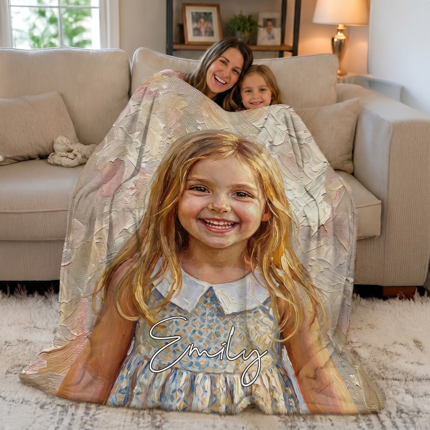 Personalized Oil Painting Style Photo Soft Throw Blanket with Name Home Decor Birthday Housewarming Anniversary Gift for Family Friends