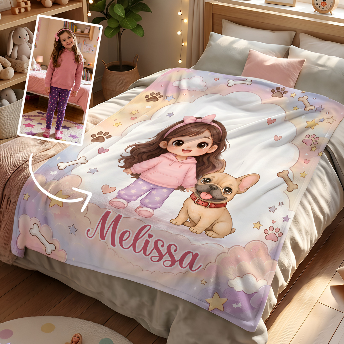 Personalized Fantasy Cartoon Kid Photo Pet Companion Soft Throw Blanket with Name Home Decor Baby Shower Birthday Gift for New Parents Kids