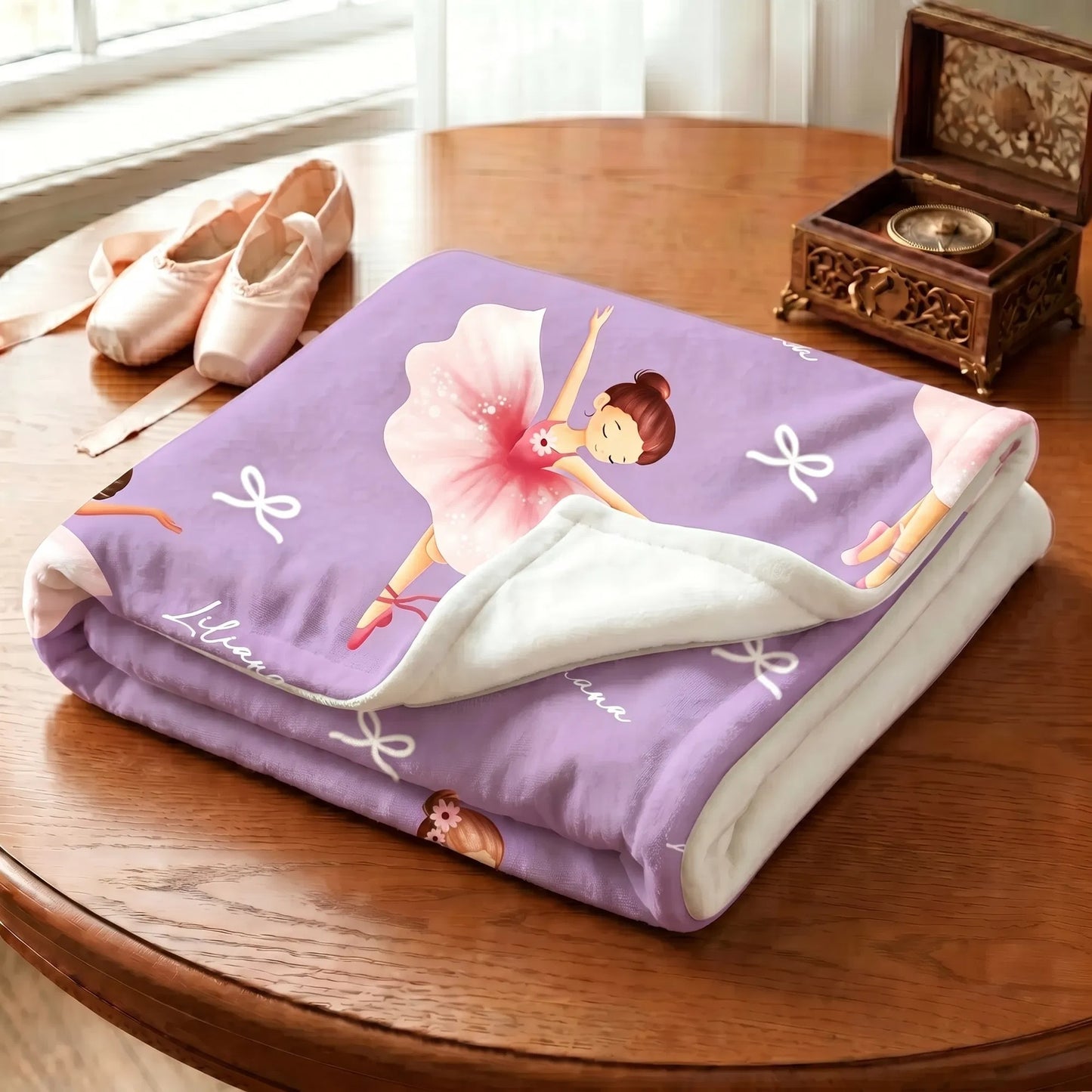 Personalized Ballerina Girl Bow Pattern Soft Throw Blanket with Name Room Decor Birthday Baby Shower Gift for Ballet Lovers Girls Daughters