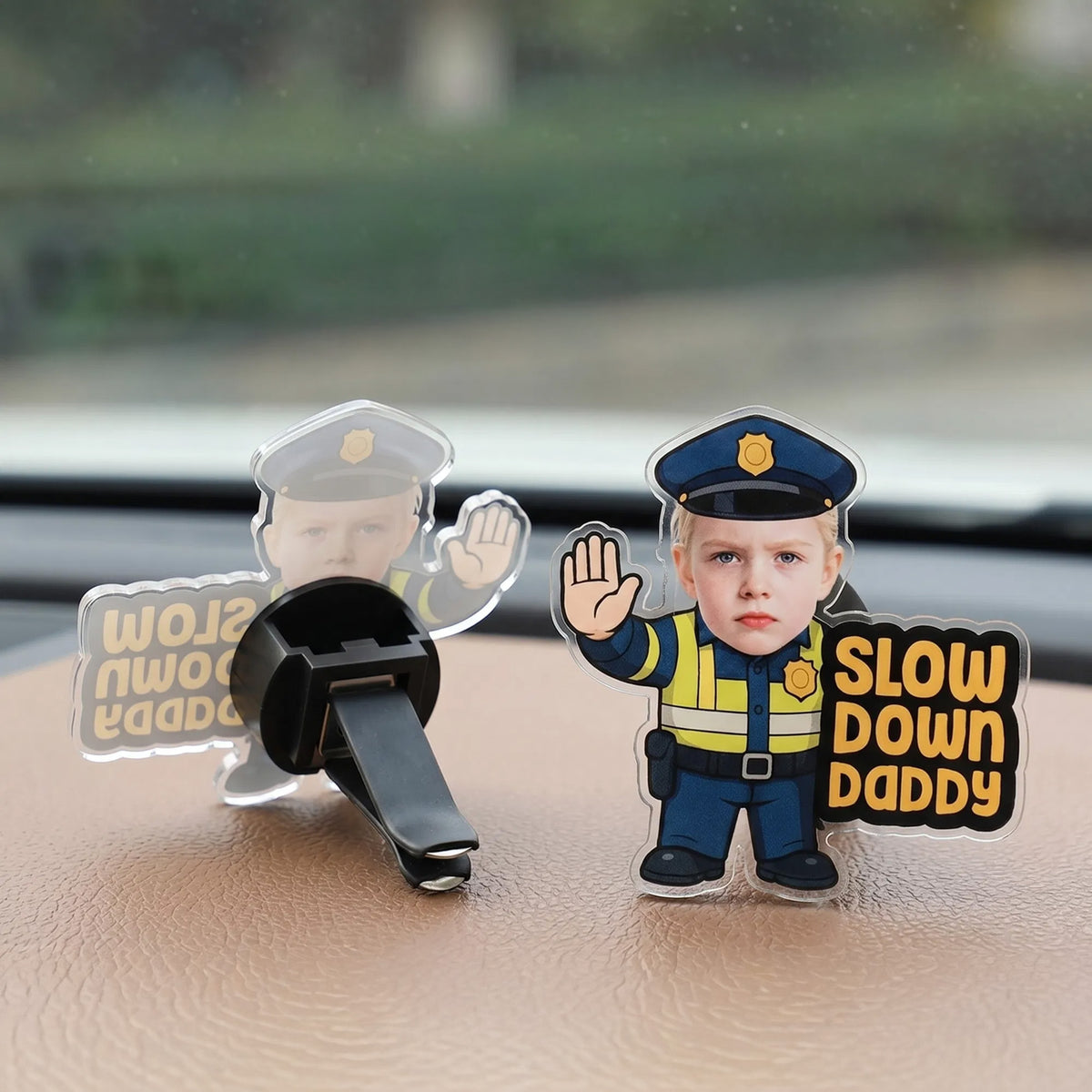 Personalized Little Traffic Police Officer Slow Down Daddy Face Photo Acrylic Car Vent Clip Cute Car Decor Father's Day Birthday Gift for Dad