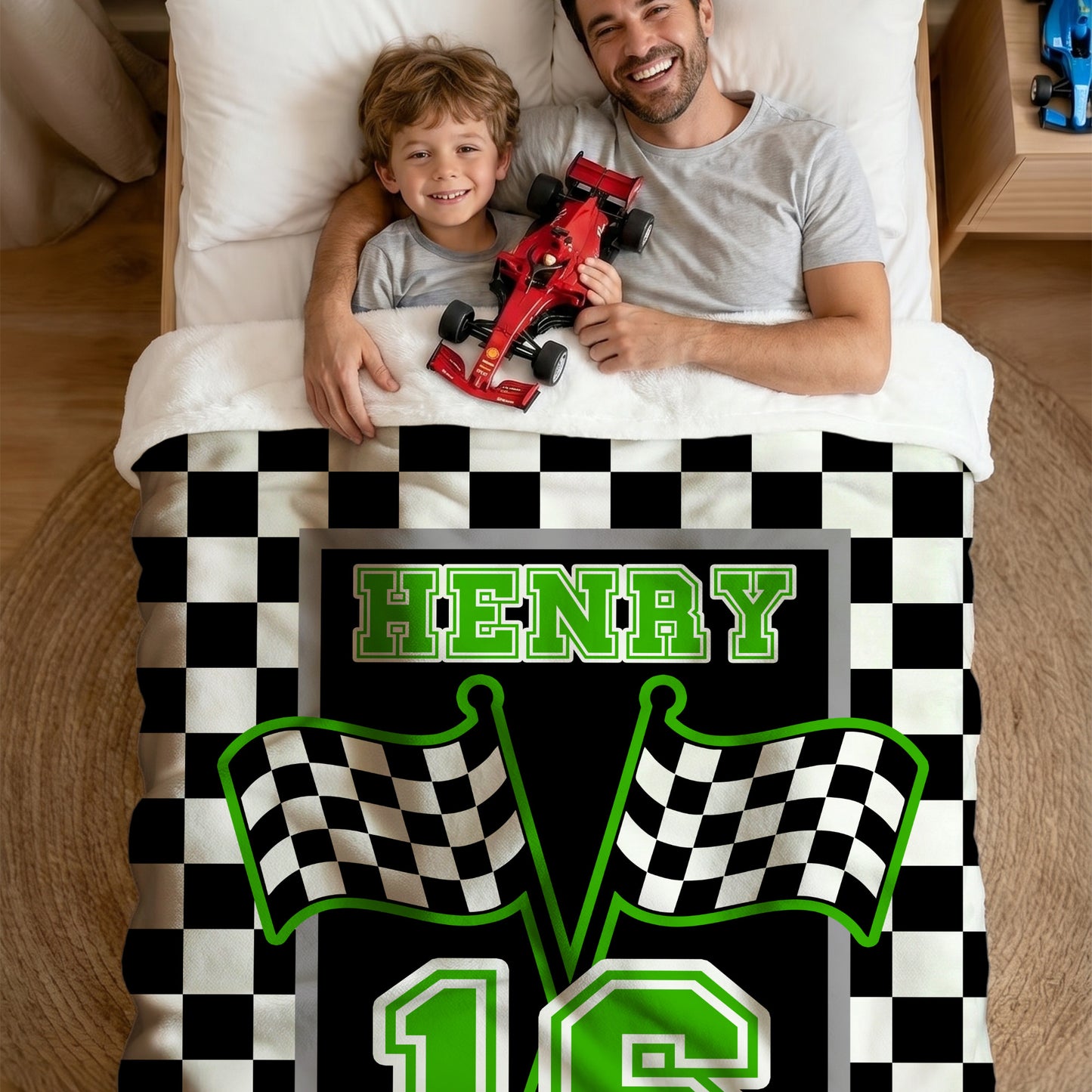 Personalized Checkered Flag Racing Design Soft Throw Blanket with Name and Number Home Decor Father's Day Birthday Gift for Man Racing Enthusiast