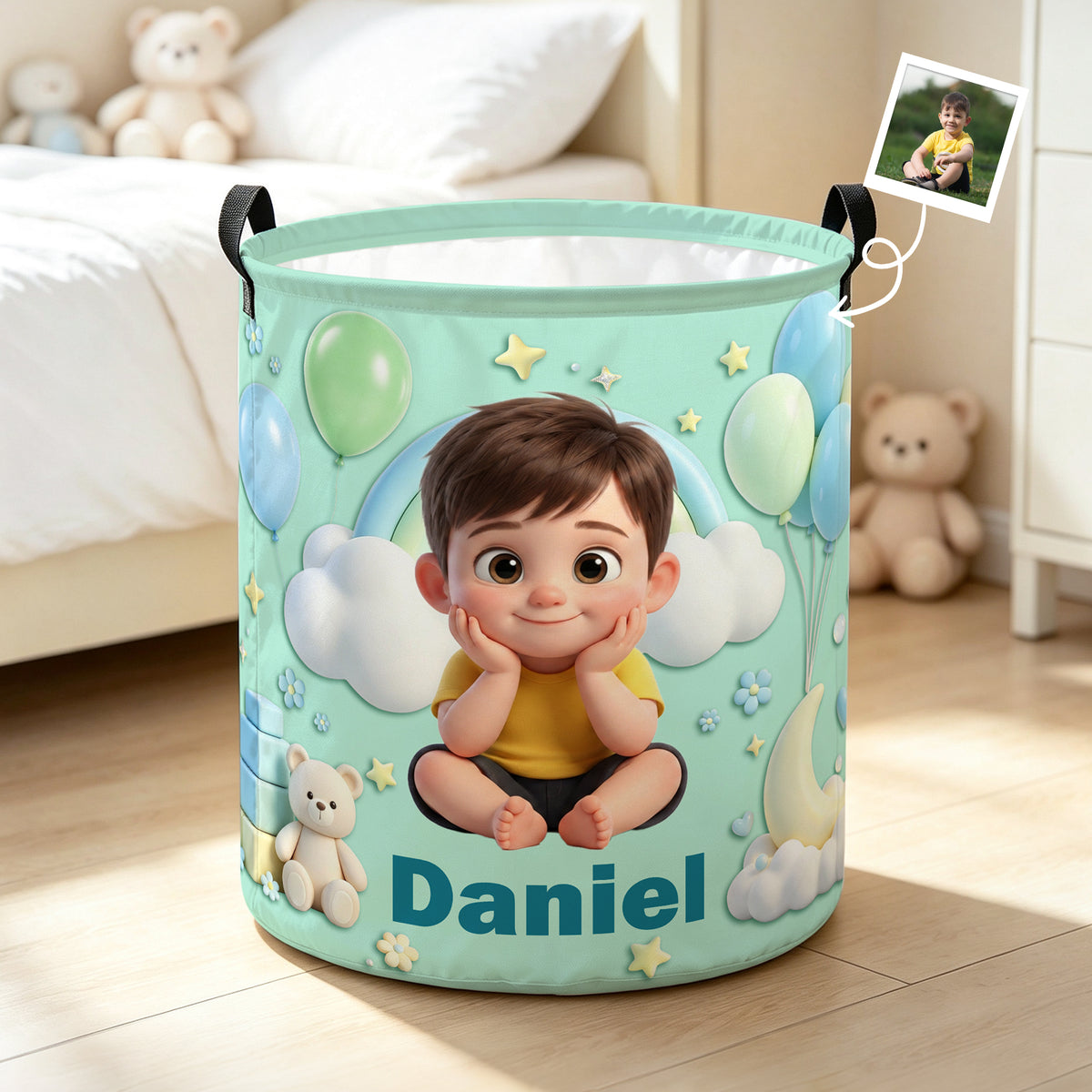 Personalized Cartoon Style Photo Waterproof Laundry Storage Basket with Name and Handles Room Decor Birthday Gift for Kids Boys Girls