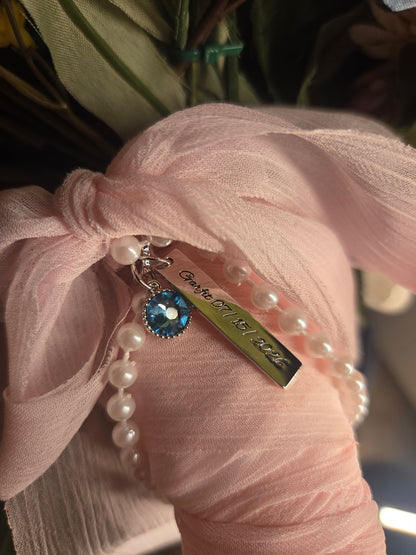 Personalized Blue Crystal Bridal Bouquet Charm with Engraved Text and Card Something Blue Wedding Gift for Bride - CALLIE