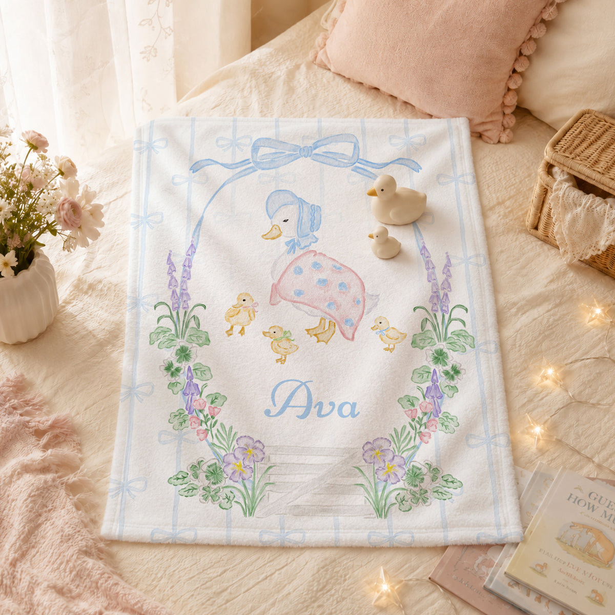 Personalized Cartoon Mother Duck Soft Throw Blanket with Name Nursery Bedding Decor Birthday Anniversary Gift for Newborns Kids