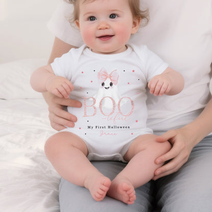 Personalized Cute Ghost Bow Baby Girl Bib Onesie Baby Bodysuit with Name Baby's First Halloween Gift for New Parents