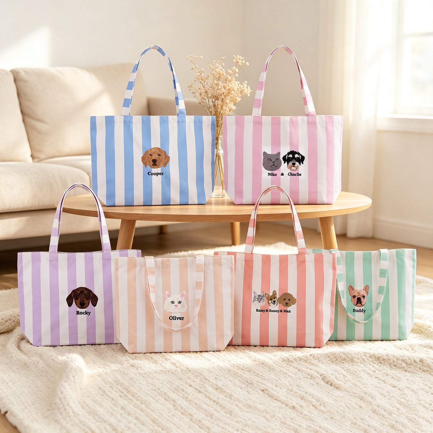 Personalized Pet Photo Embroidery Striped Large Tote Bag with 1-3 Names Daily Use Birthday Gift for Dog Cat Pet Owner Lovers
