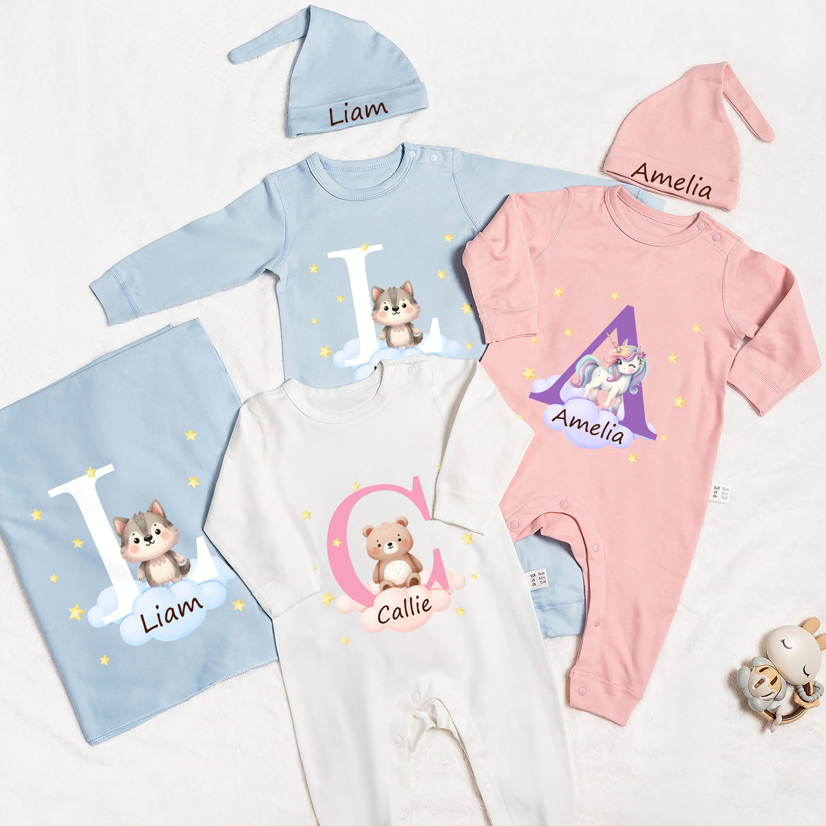 Personalized Cute Animal Star 100% Cotton Baby Romper Hat Blanket Outfit with Name and Gift Box Baby Shower Coming Home Gift for Newborn