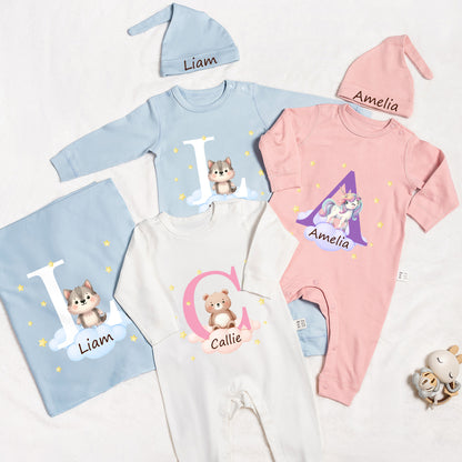 Personalized Cute Animal Star 100% Cotton Baby Romper Hat Blanket Outfit with Name and Gift Box Baby Shower Coming Home Gift for Newborn