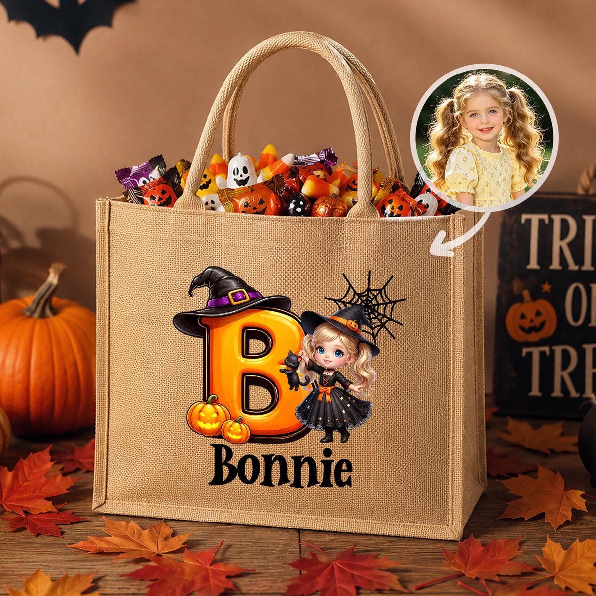 Personalized Pumpkin Halloween Cartoon Ghost Character Jute Tote Bag with Name Halloween Party Gift for Boys Girls