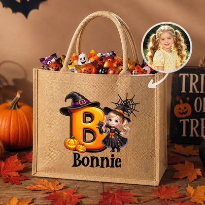 Personalized Pumpkin Halloween Cartoon Ghost Character Jute Tote Bag with Name Halloween Party Gift for Boys Girls