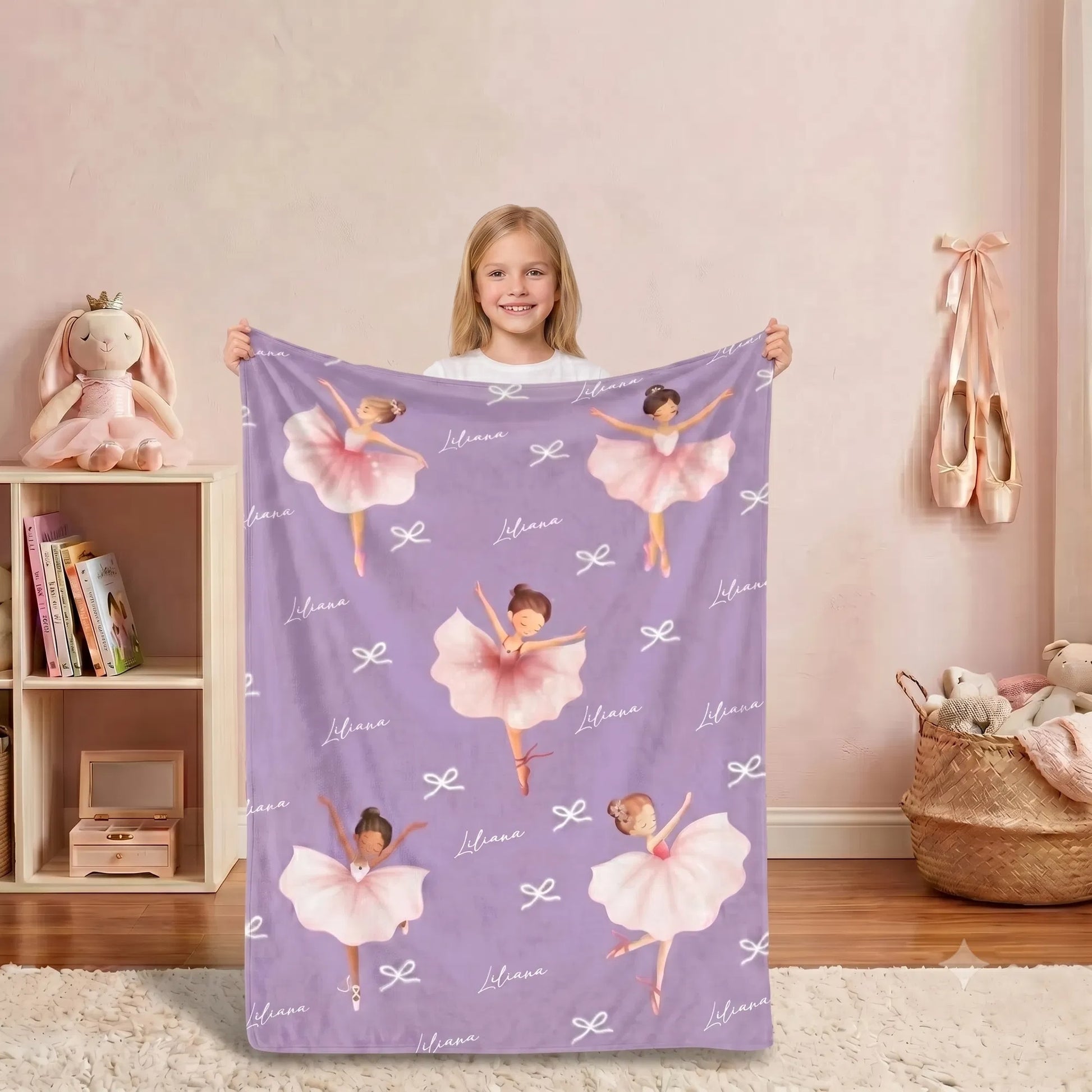 Personalized Ballerina Girl Bow Pattern Soft Throw Blanket with Name Room Decor Birthday Baby Shower Gift for Ballet Lovers Girls Daughters