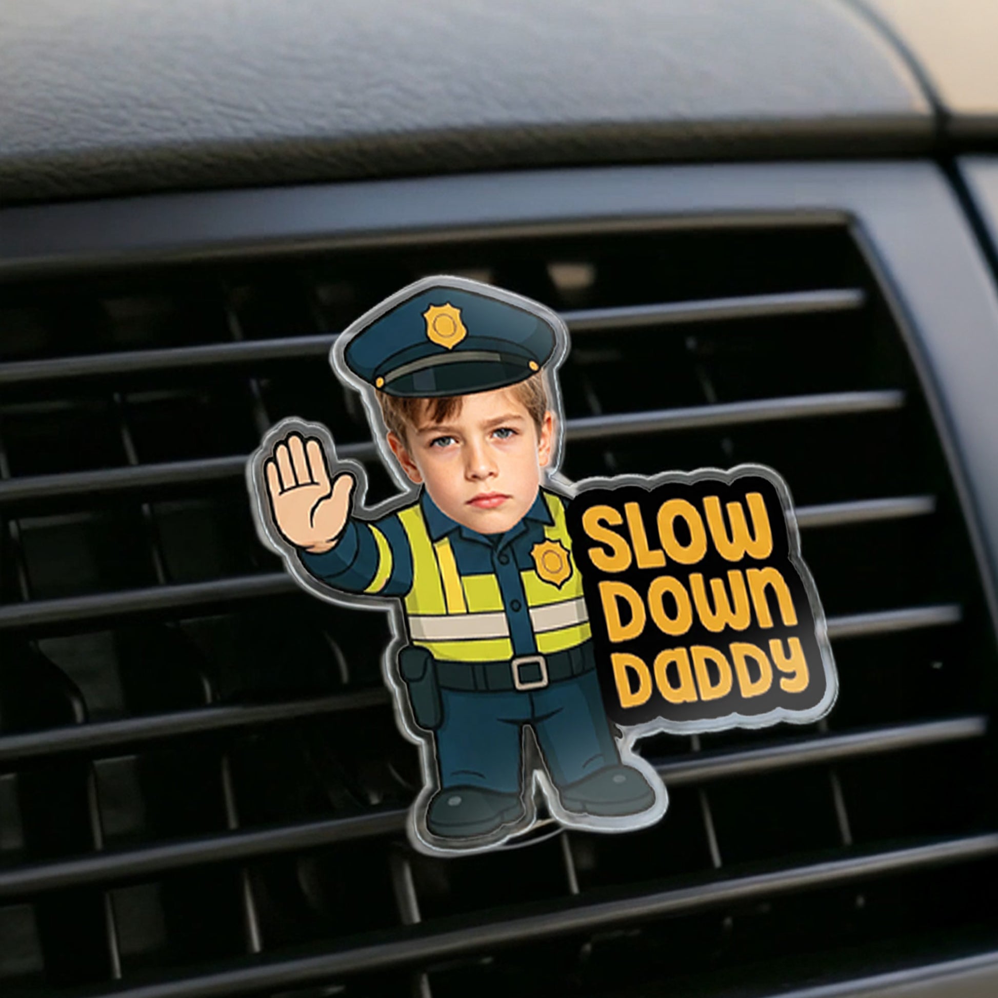 Personalized Little Traffic Police Officer Slow Down Daddy Face Photo Acrylic Car Vent Clip Cute Car Decor Father's Day Birthday Gift for Dad