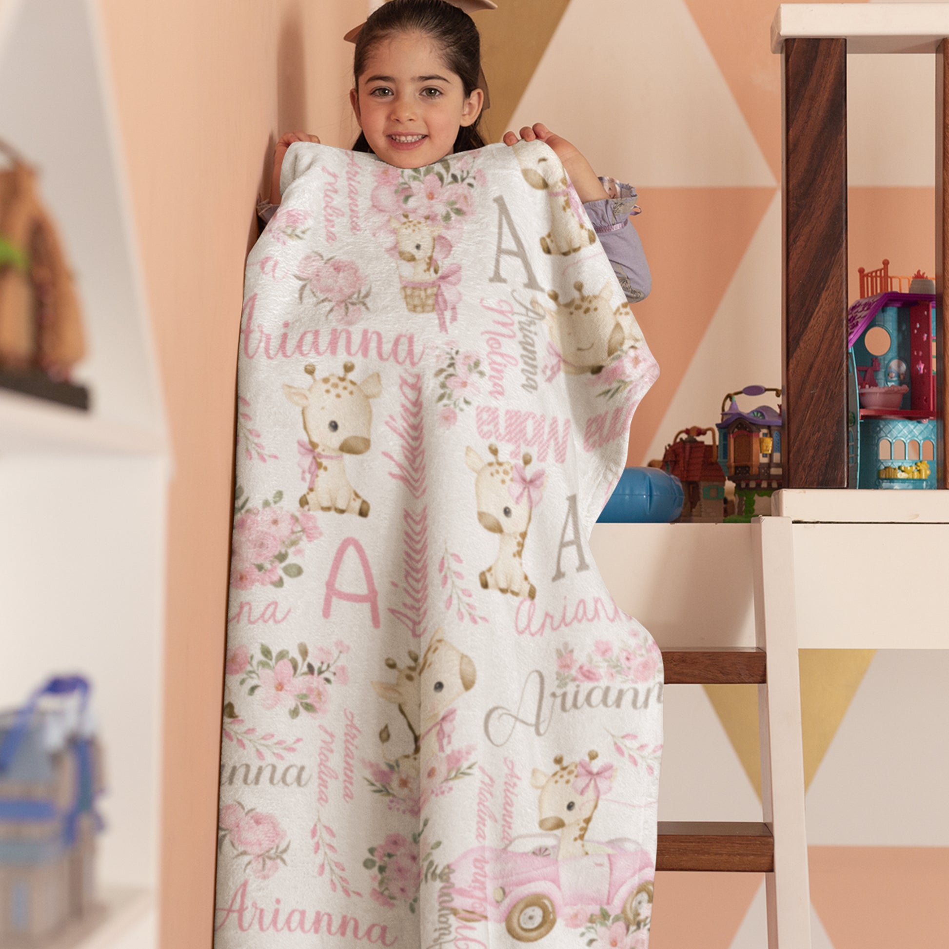 Personalized Cute Floral Giraffe Soft Throw Blanket with Initial and Name Nursery Decor Baby Shower Birthday Gift for Kids Newborn