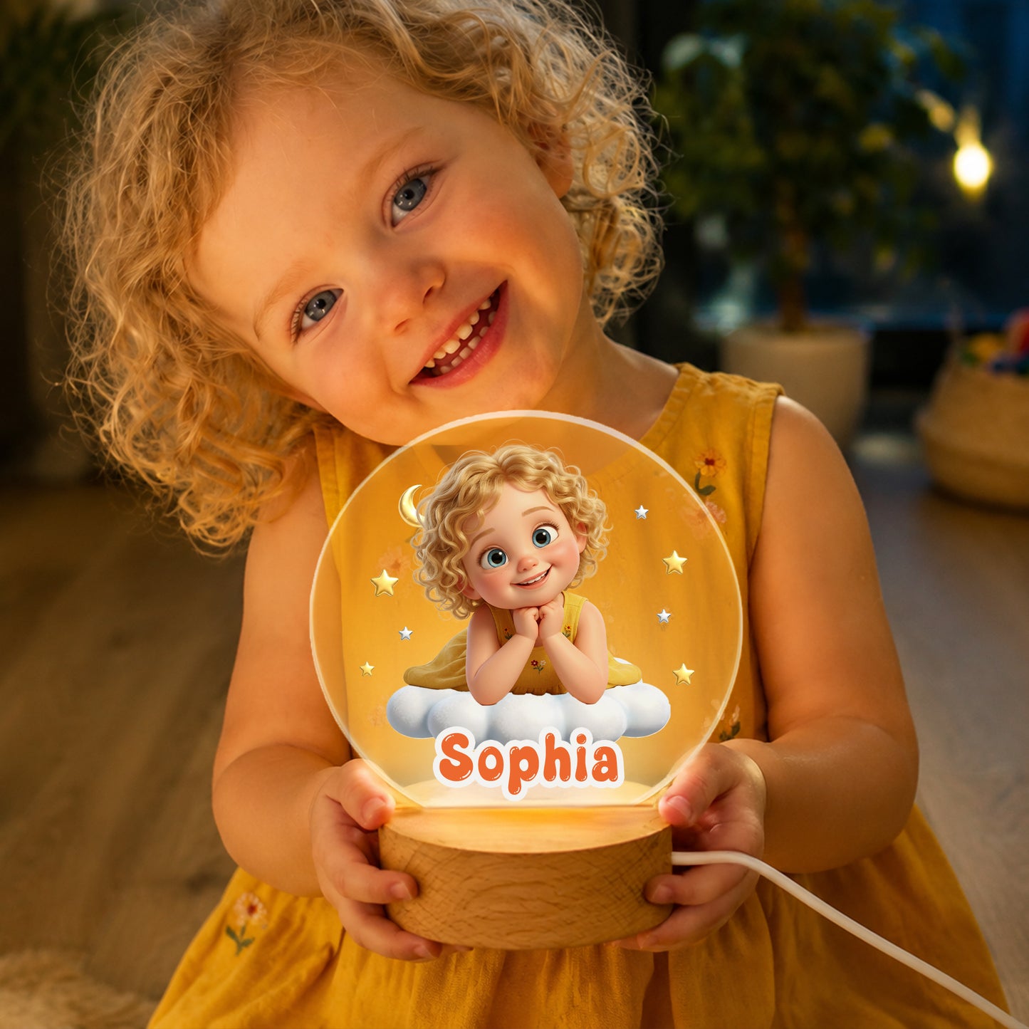 Personalized Cute Cartoon Photo Acrylic LED Night Light with Name and Wooden Base Bedroom Bedside Decor Birthday Gift for Kids New Parents