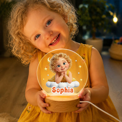 Personalized Cute Cartoon Photo Acrylic LED Night Light with Name and Wooden Base Bedroom Bedside Decor Birthday Gift for Kids New Parents