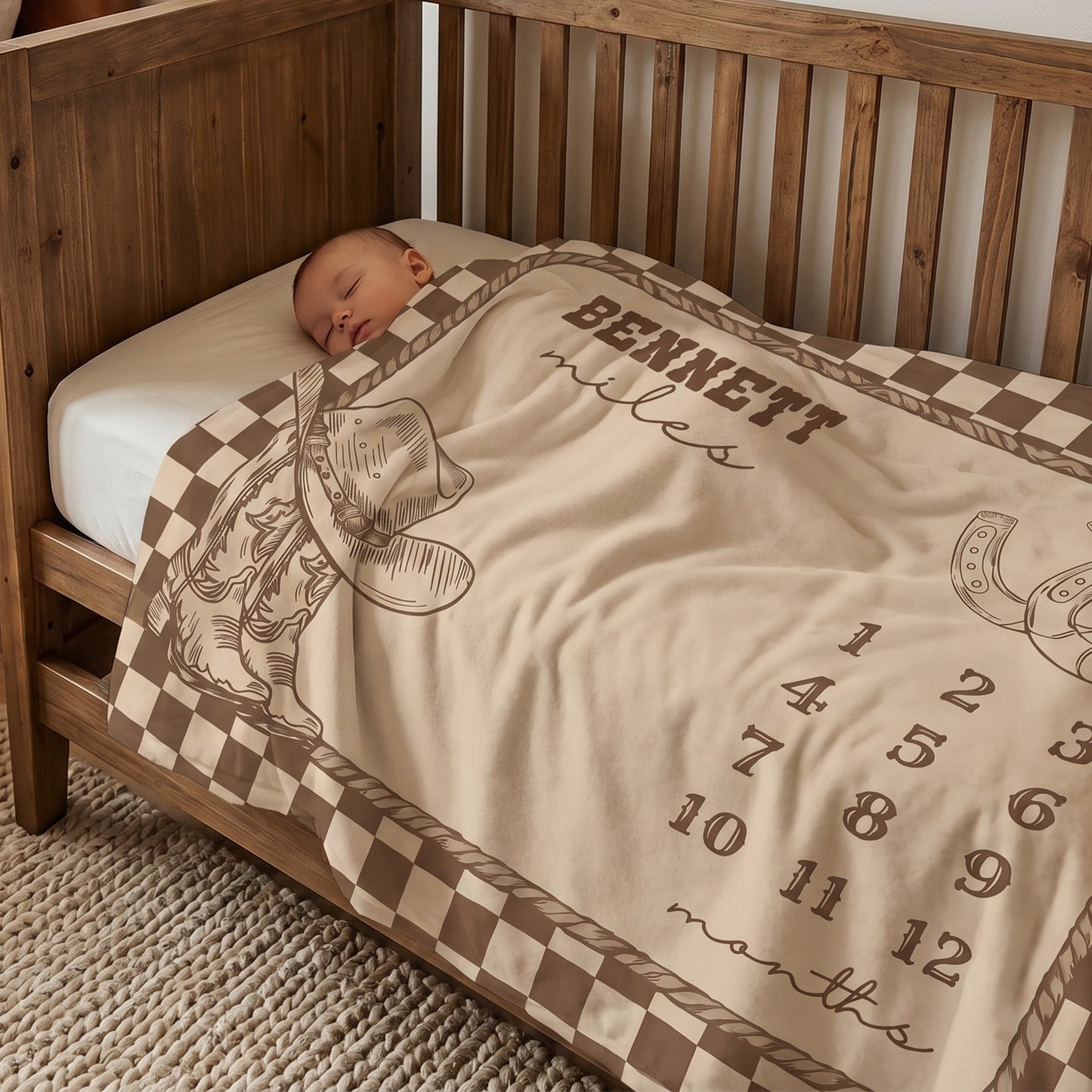 Personalized Western Cowboy Boots and Hat Plaid Month Soft Throw Baby Blanket with Name and Tassels Nursery Decor Birthday Gift for Baby Newborn