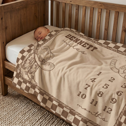 Personalized Western Cowboy Boots and Hat Plaid Month Soft Throw Baby Blanket with Name and Tassels Nursery Decor Birthday Gift for Baby Newborn