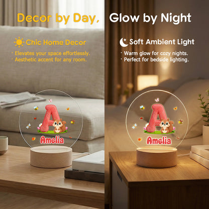 Personalized Cute Animal Insect Initial LED Night Light with Wooden Base and Name Home Decor Back to School Birthday Gift for Children