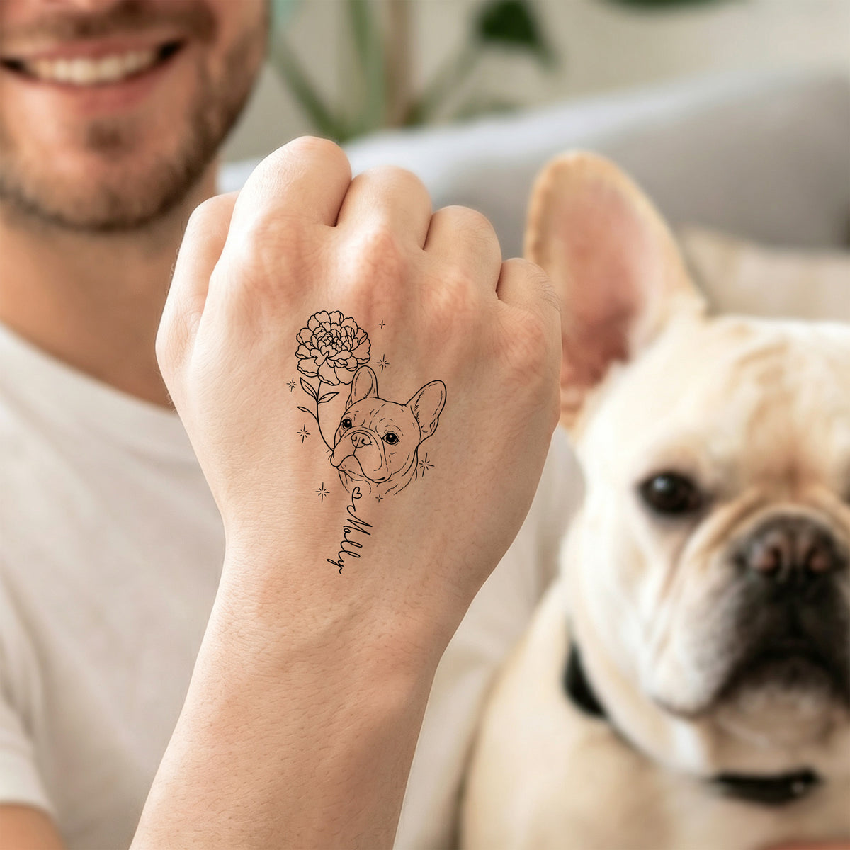 Personalized Line-Art Pet Photo Birth Flower Tattoo Sticker with  Name Party Birthday Gift for Dog Cat Pet Lover Owner