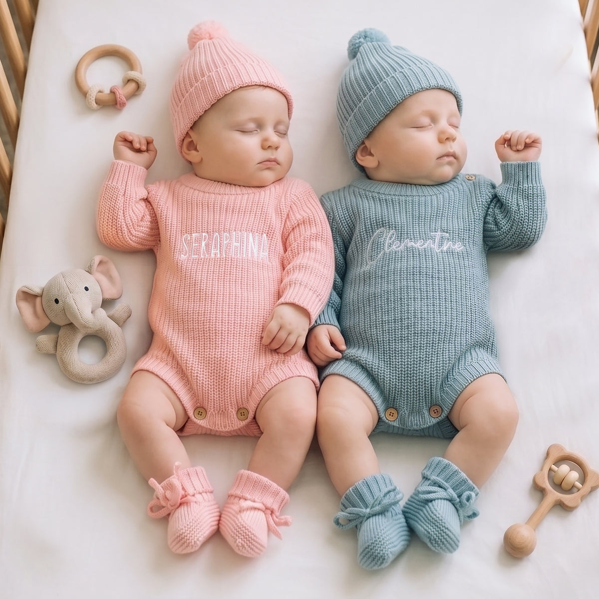 Personalized Multicolor Knitted 100% Cotton Soft Baby Bodysuit Hat Booties Set with Embroidered Name Coming Home Outfit Birthday Gift for Baby Newborn