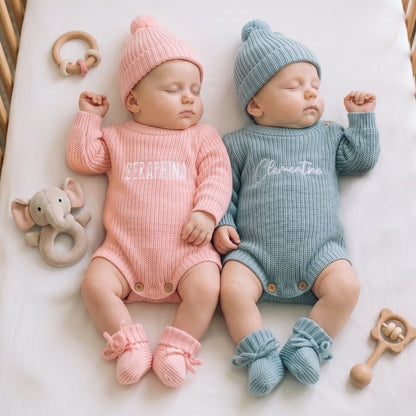 Personalized Multicolor Knitted 100% Cotton Soft Baby Bodysuit Hat Booties Set with Embroidered Name Coming Home Outfit Birthday Gift for Baby Newborn