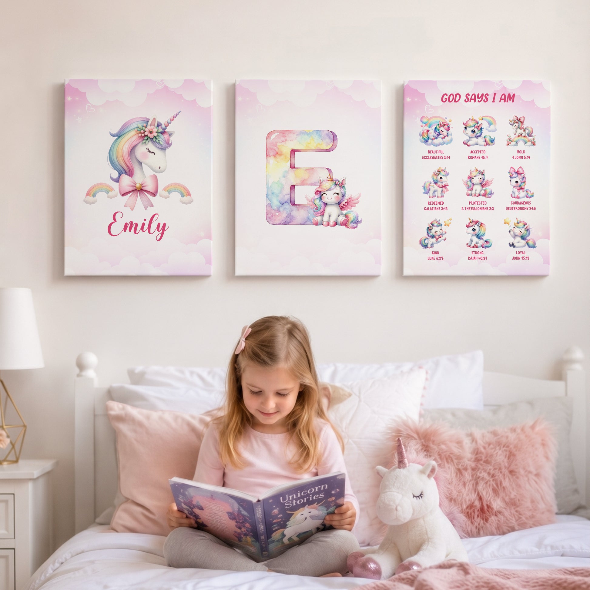 Personalized Minimalist Fantasy Unicorn Initial 3-Piece Canvas Prints with Name Nursery Decor Ship from USA Baby Shower Birthday Gift for Girl Newborn