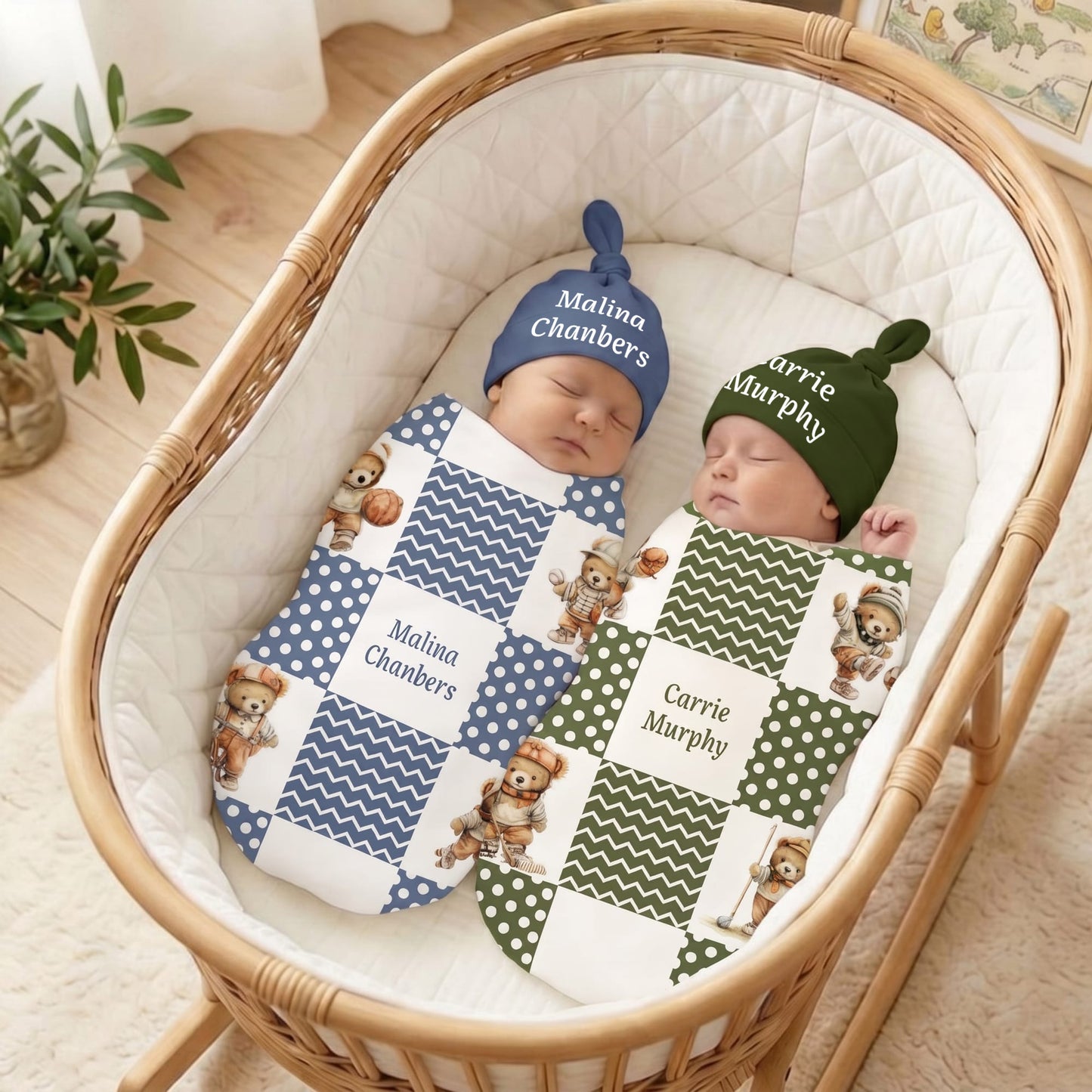 Personalized Sports Teddy Bear Polka Dot 100% Cotton Soft Swaddle Hat Set with Name Baby Shower Birthday Gift for Newborn New Parent