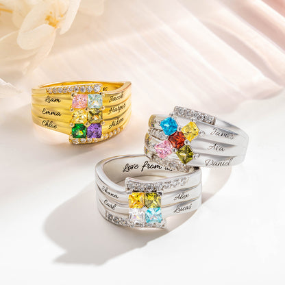Personalized 1- 9 Square Birthstone Ring with Engraved Name Family Couple Sterling Silver Jewelry Birthday Valentine's Day Gift for Her