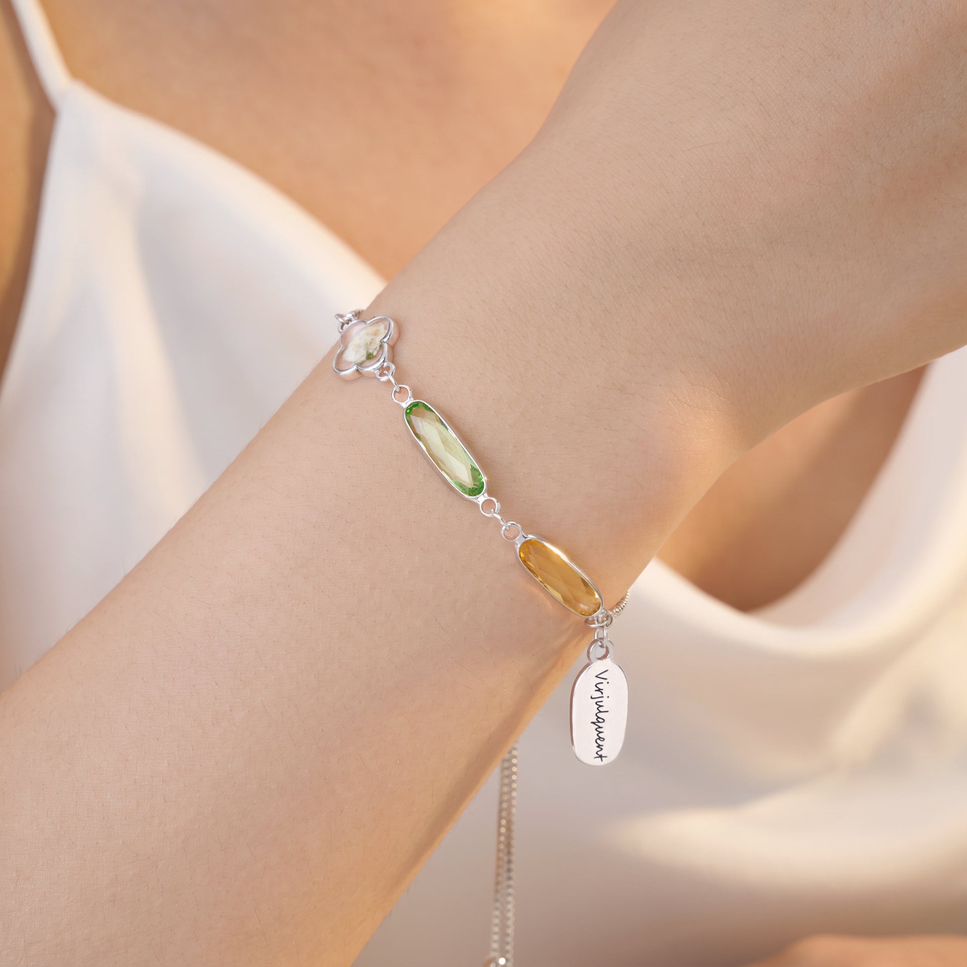 Personalized Birthstone Baby's Breath Flower Adjustable Bracelet with Name Exquisite Jewelry Daily Wear Birthday Anniversary Gift for Girls Women