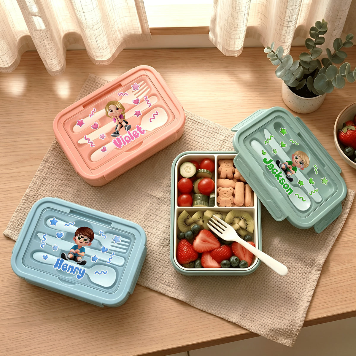 Personalized Star Cartoon Character Microwavable Lunch Box with Name and Cutlery Picnic Outdoor Activity Use Back to School Gift for Students Kids