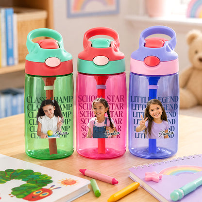 Personalized School Star Photo 16 oz Water Bottle with Name and Silicone Straw Outdoor Activities Birthday Back to School Gift for Boys Girls