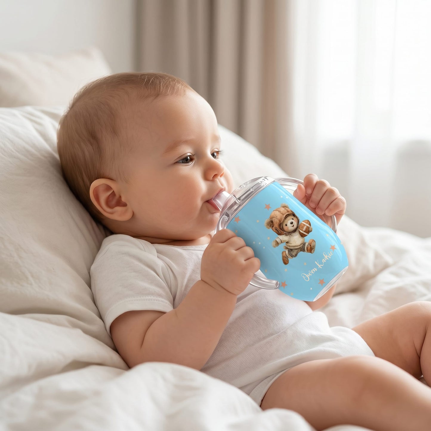 Personalized Multicolor Sports Teddy Bear 10 oz Insulated Sippy Cup with Dual Handle and Name Baby Shower Birthday Gift for Baby Infant