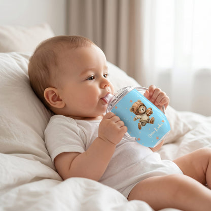 Personalized Multicolor Sports Teddy Bear 10 oz Insulated Sippy Cup with Dual Handle and Name Baby Shower Birthday Gift for Baby Infant