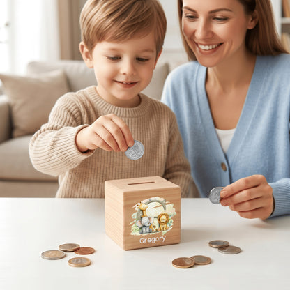 Personalized Initial Cute Animal Pattern Wooden Cube Money Box with Name Kids Room Decor Birthday Children's Day Gift for Boys Girls