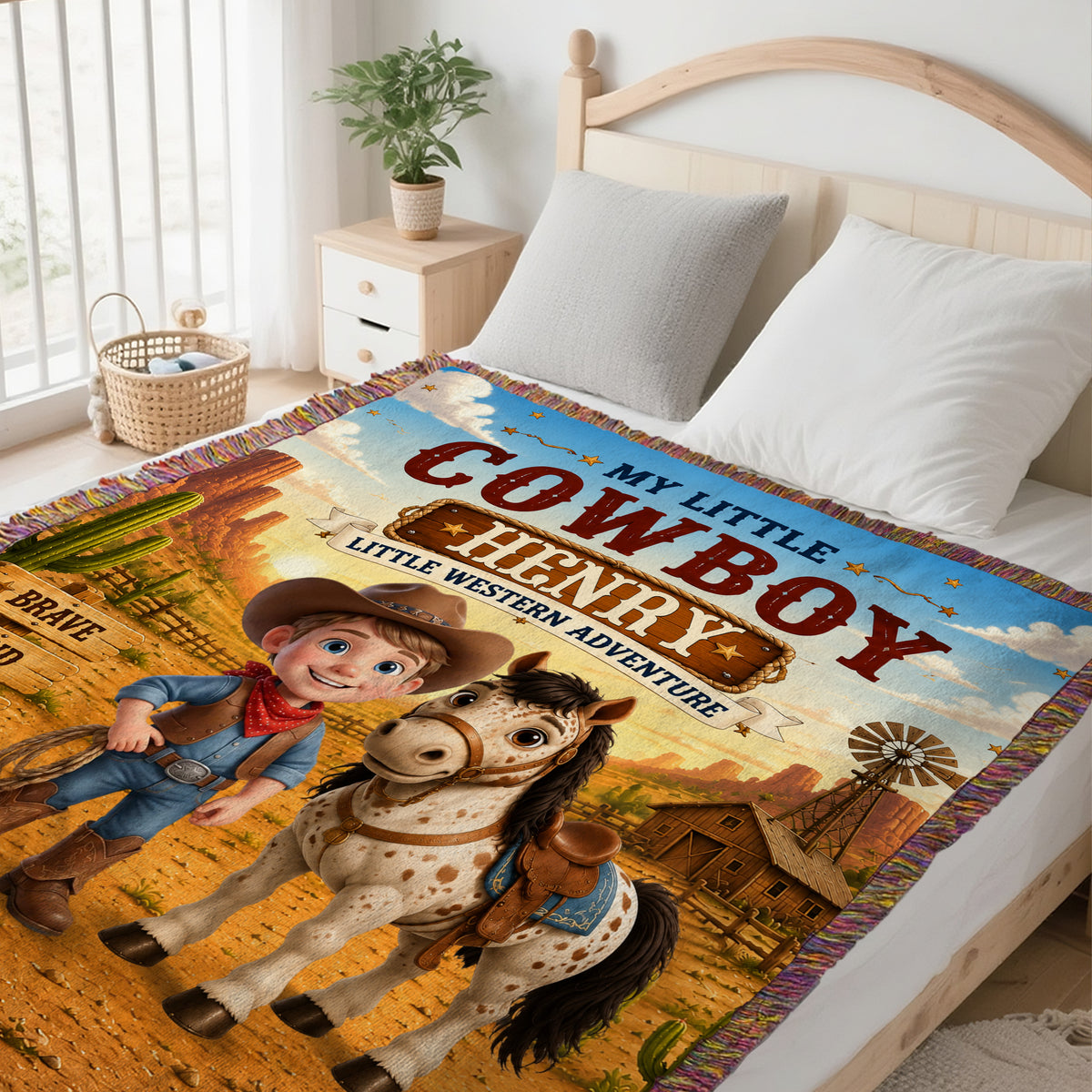 Personalized Western Cowboy Photo Horse Pattern Soft Tassel Throw Blanket with Name Home Decor Daily Use Birthday Gift for Kids
