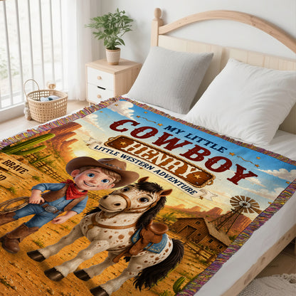 Personalized Western Cowboy Photo Horse Pattern Soft Tassel Throw Blanket with Name Home Decor Daily Use Birthday Gift for Kids