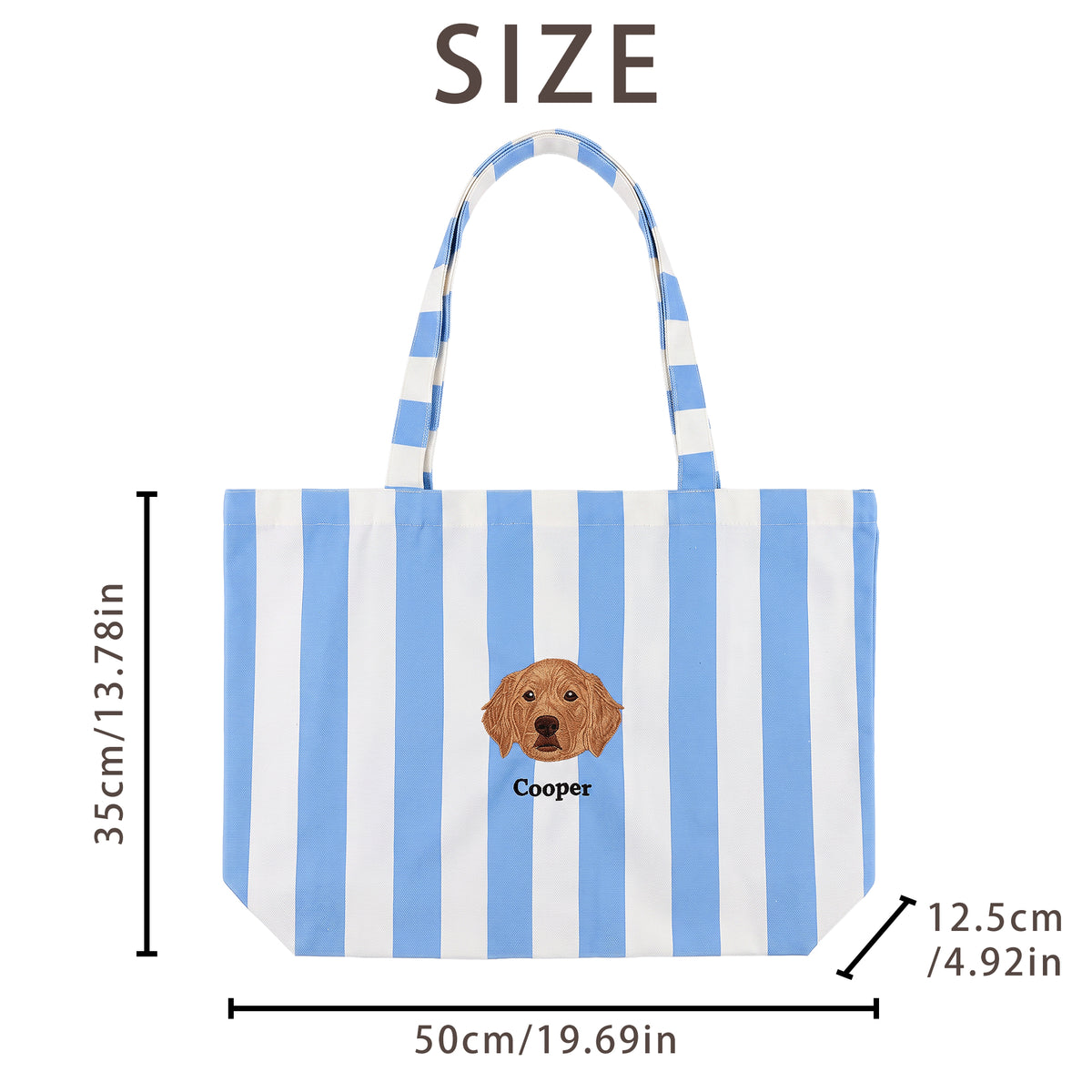 Personalized Pet Photo Embroidery Striped Large Tote Bag with 1-3 Names Daily Use Birthday Gift for Dog Cat Pet Owner Lovers
