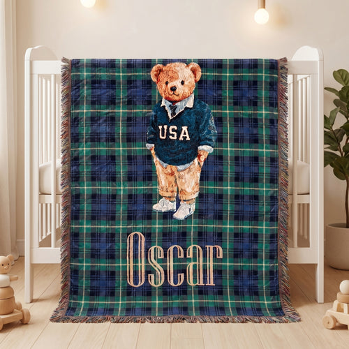 Personalized Plaid Cartoon Teddy Bear Soft Throw Blanket with Tassel and Name Baby Shower Christening Gift for New Parent