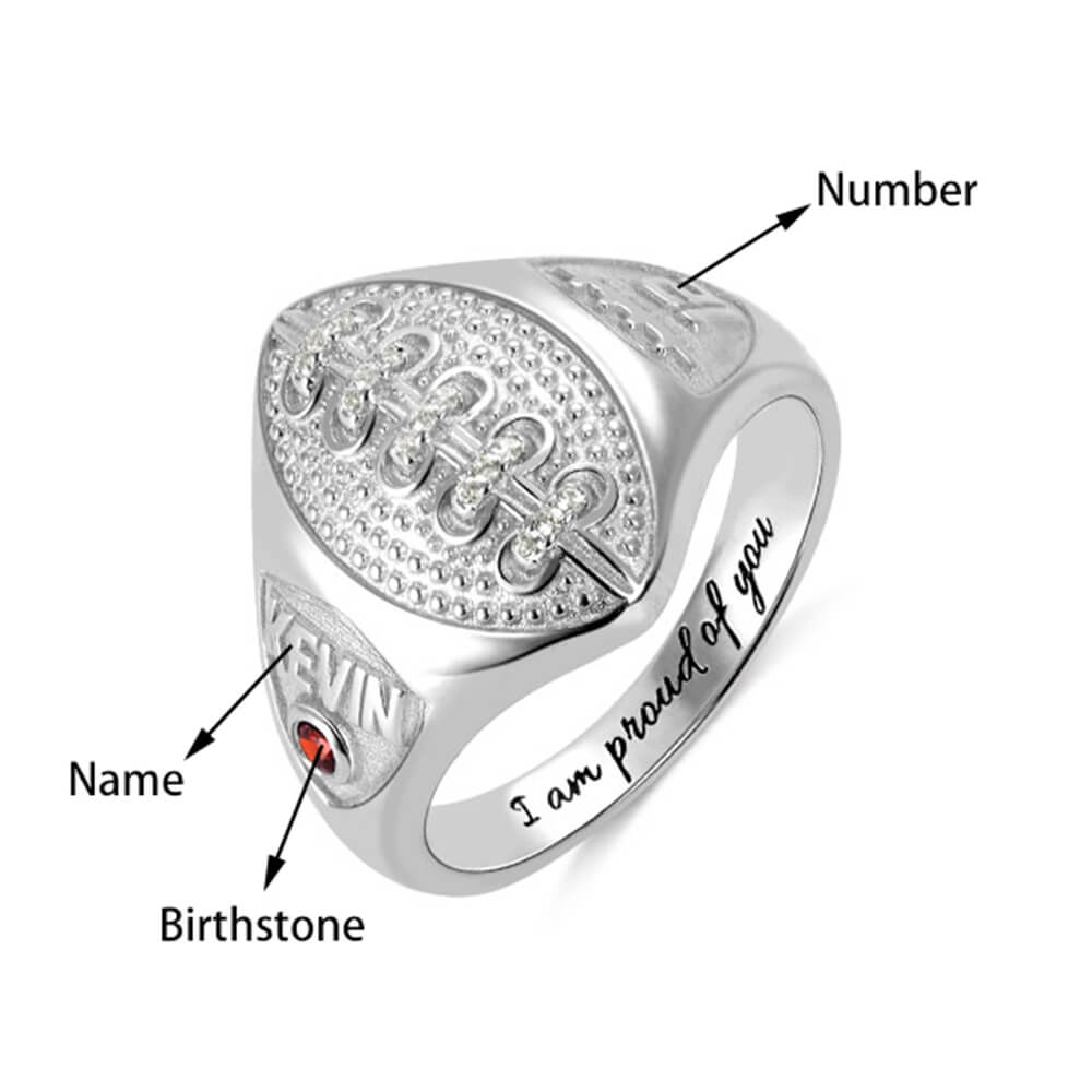 Custom Number and Name Football Ring with Birthstone| Callie