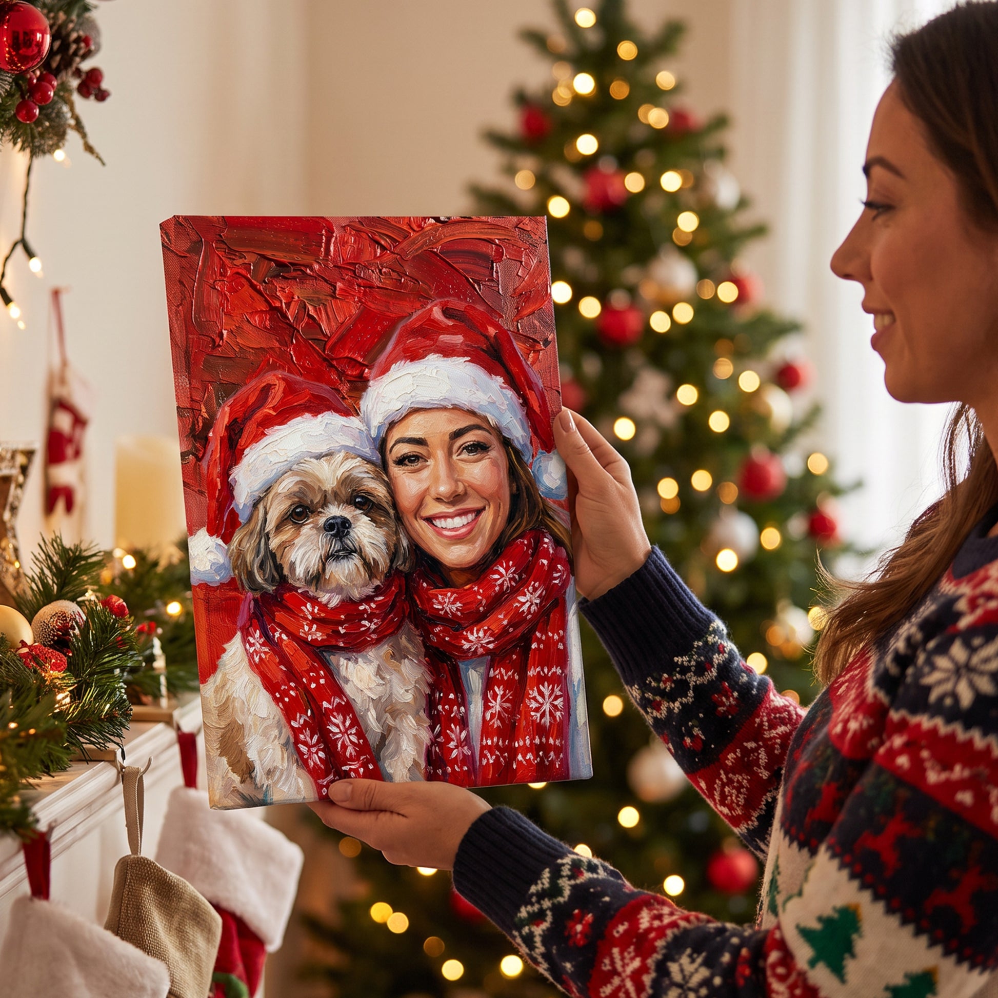 Personalized Oil Painting Style Christmas Hat Dog Cat Photo Large Canvas Prints with Name Home Decor Ship from USA Christmas Gift for Pet Owner Lover