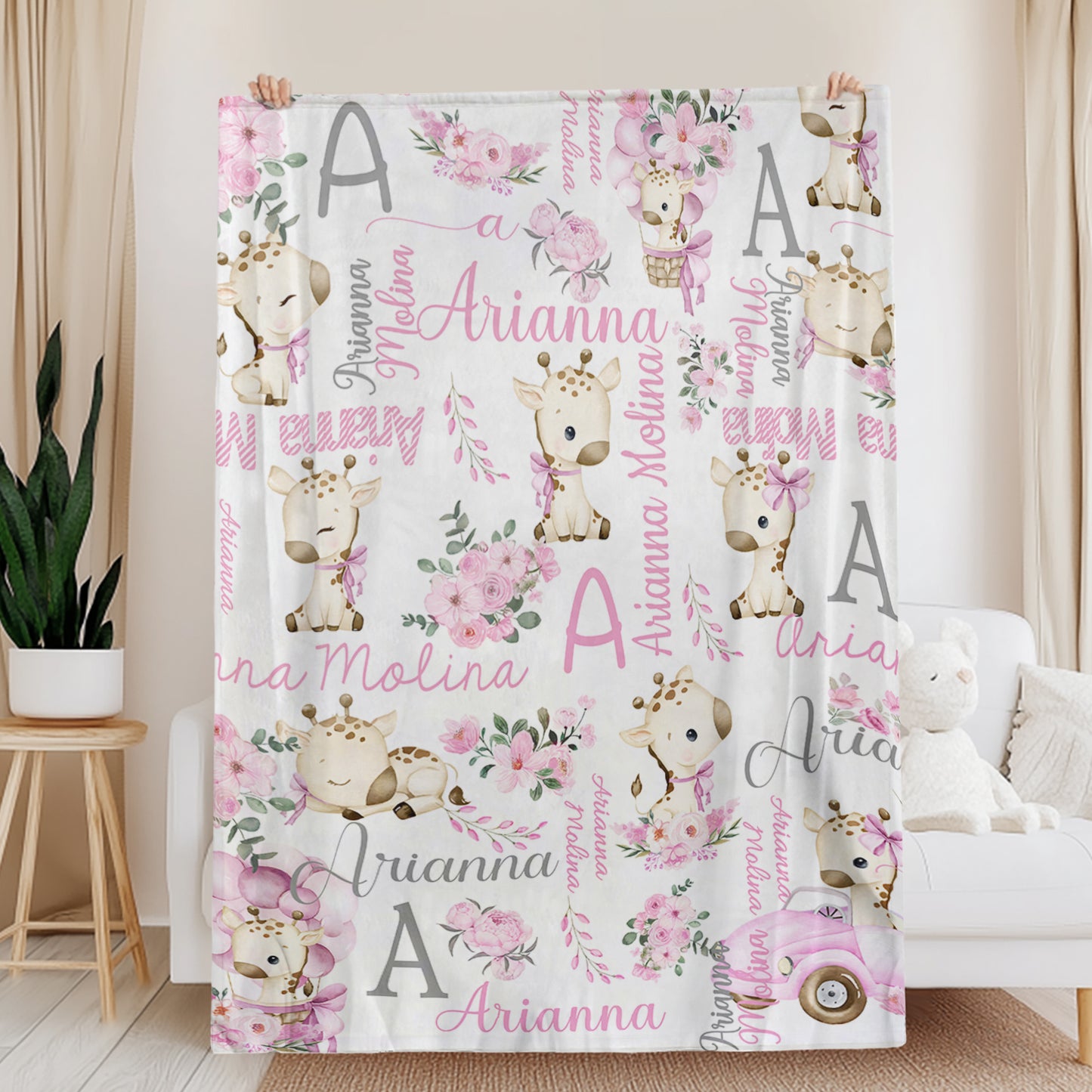 Personalized Cute Floral Giraffe Soft Throw Blanket with Initial and Name Nursery Decor Baby Shower Birthday Gift for Kids Newborn