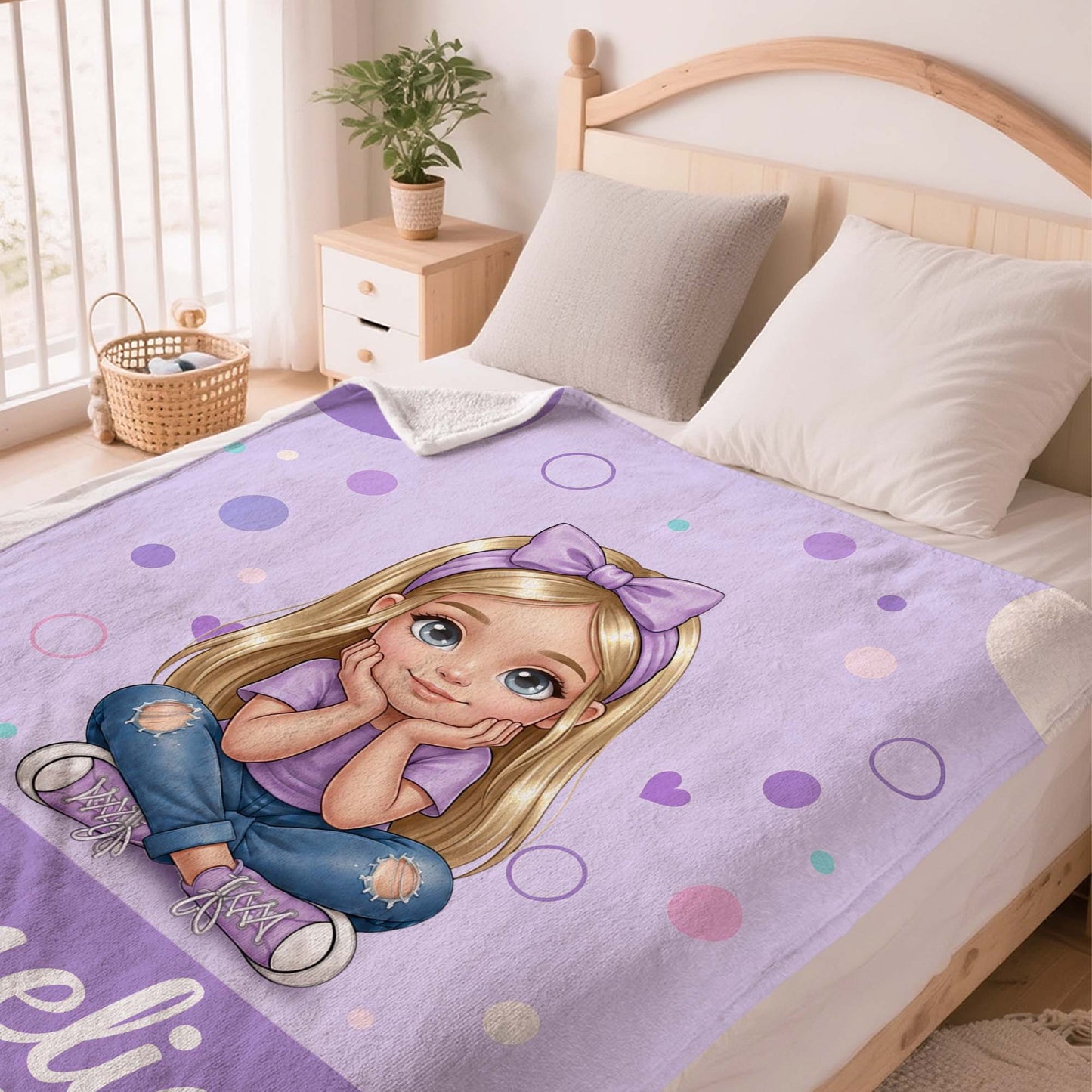 Personalized Polka Dot Cartoon Character Photo Soft Throw Blanket with Name Home Decor Birthday Children's Day Gift for Kids