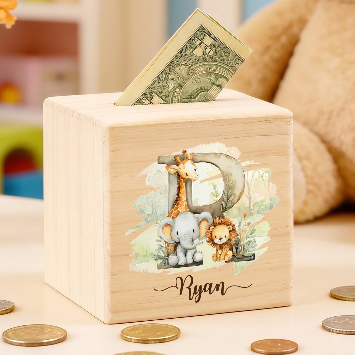 Personalized Initial Cute Animal Pattern Wooden Cube Money Box with Name Kids Room Decor Birthday Children's Day Gift for Boys Girls