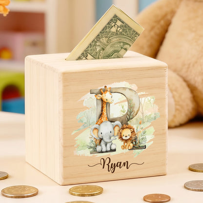 Personalized Initial Cute Animal Pattern Wooden Cube Money Box with Name Kids Room Decor Birthday Children's Day Gift for Boys Girls