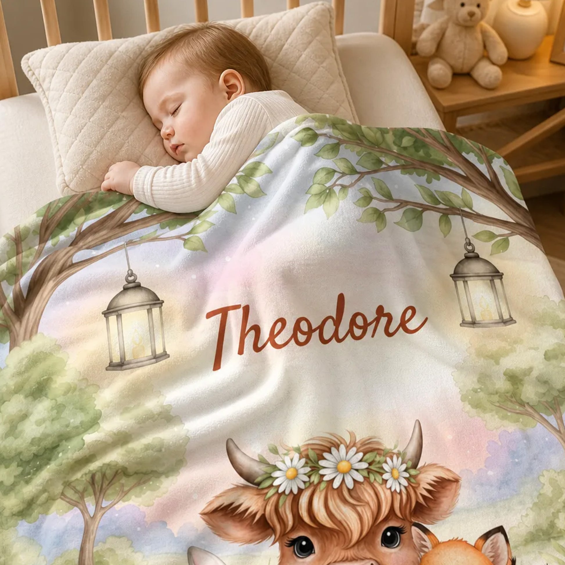 Personalized Forest Friends Highland Cow Rabbit Foxes Soft Throw Blanket with Name Nursery Decor Baby Shower Gift for Newborn