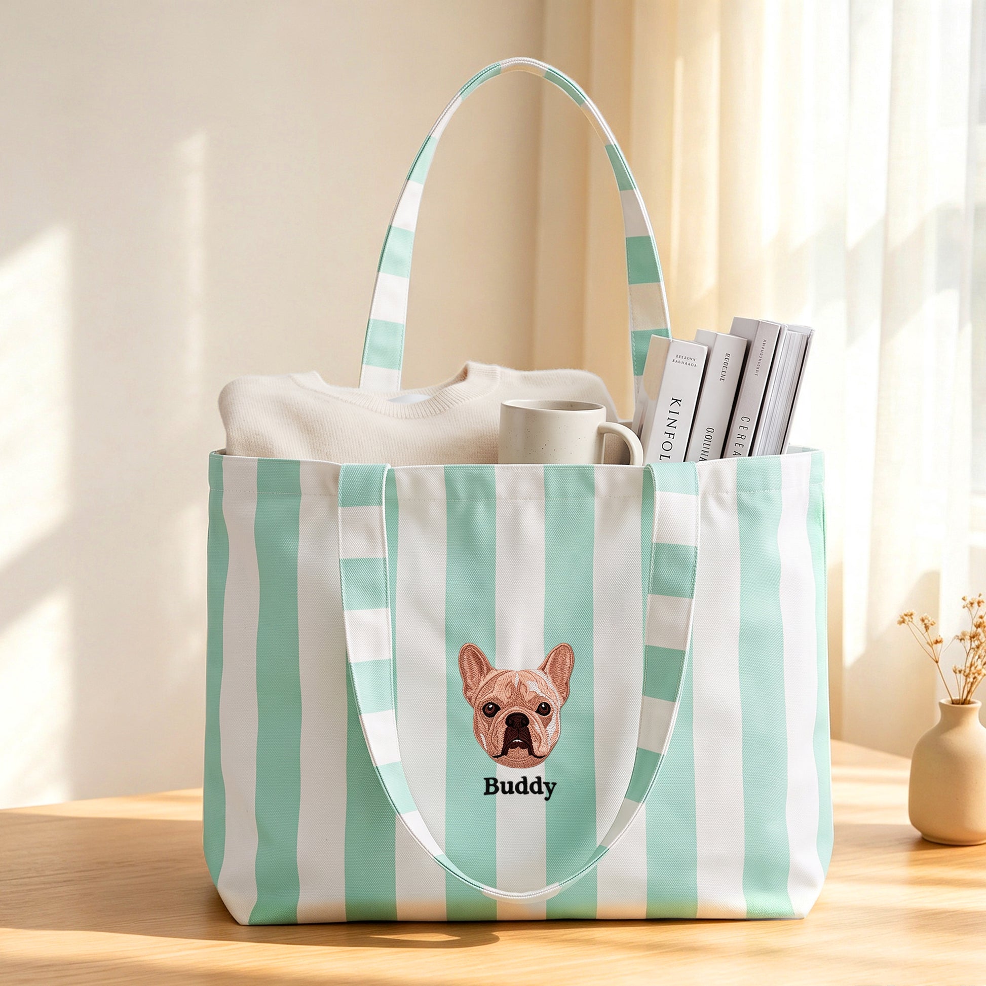 Personalized Pet Photo Embroidery Striped Large Tote Bag with 1-3 Names Daily Use Birthday Gift for Dog Cat Pet Owner Lovers